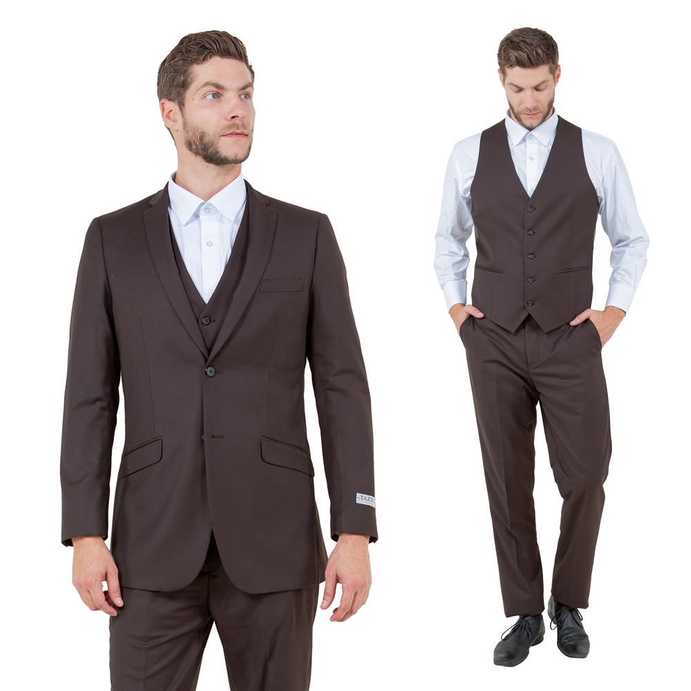 Slim Fit 3pc Mens Suit Set by Tazzio, Brown